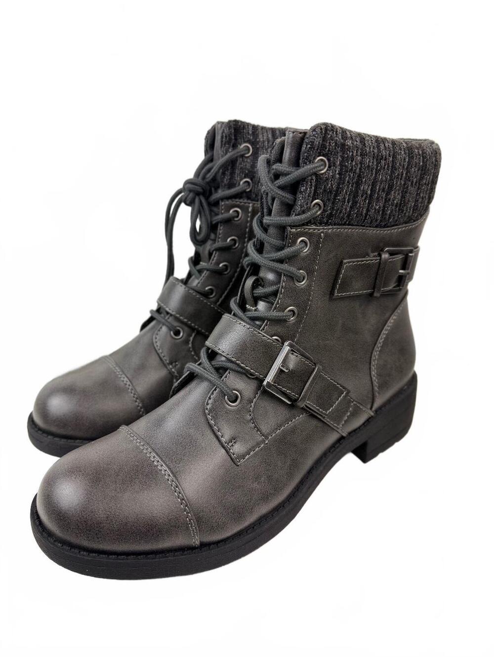 New Rocketdog Gray Lace-Up Ankle Boots with Knit Cuff and Buckle Strap